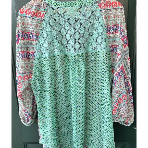 Anthropologie Fig & Flower Boho Tunic Top 3X Lace Back Global Print Beachy Artsy - Picture 4 of 7